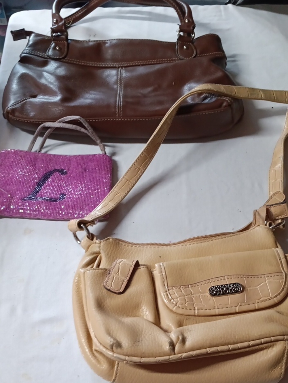 Liz Claiborne Tan Crossbody Shoulder Bag with Brown Tote and Pink Sequin Pouch